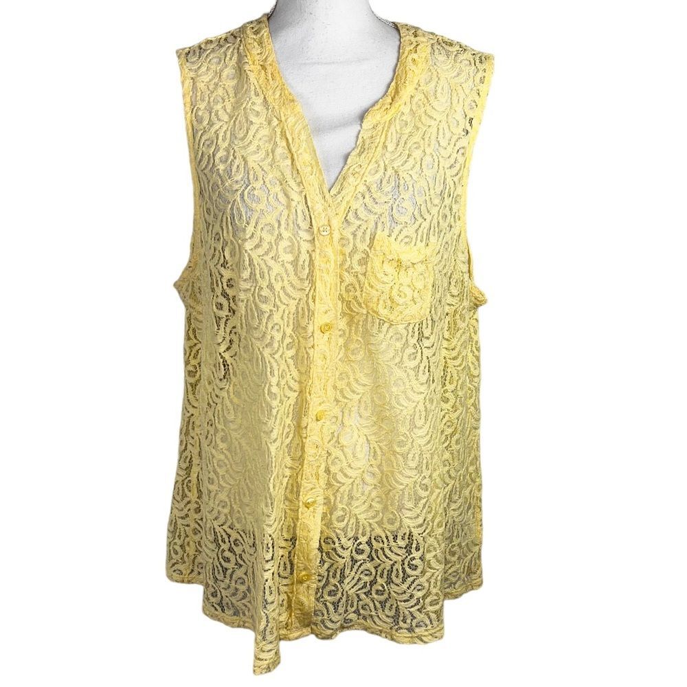 Style & Co Yellow Lace Sleeveless Button Up Shirt Vest Size XL Spring Summer